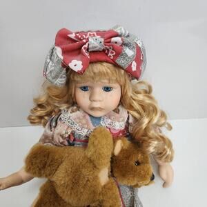 Vintage 1980’s Sad Crying 16" Girl w/ Attached Broken Teddy Bear Porcelain Doll